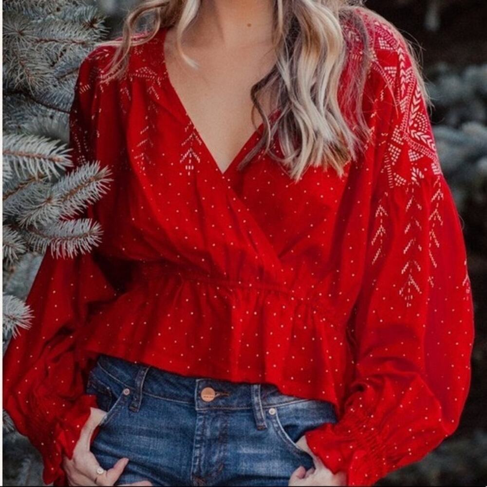 Free People Counting Stars Red Metallic Gold Peasant Style Blouse Size Small